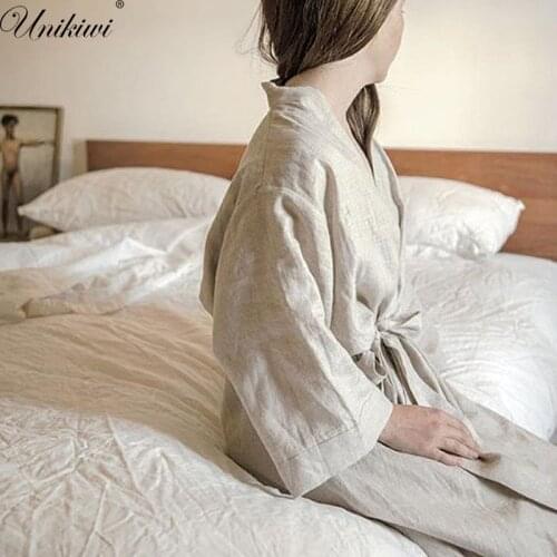 UNIKIWI.Women Sleepwear Robes Linen Pajamas.breathable Shower Spa Linen Robe Night Bathrobes Sleep Nightgown Robe Dressing Gown