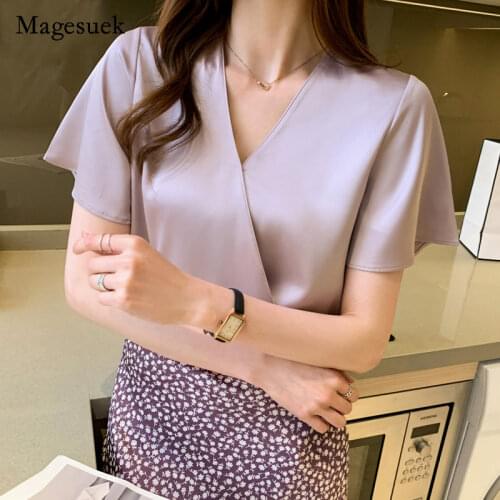 Summer 2021 New Women Loose Tops Solid Pullover Office Lady Clothes V-neck Short Sleeve Blouses Light Blue Blouse Blusas 14351