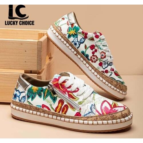 Women Sneakers Floral Printed Lace Up Female Flat Shoes Fashion Round Toe Lady Vulcanized Lucky Choice Shoes Women Casual Shoes