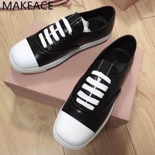 Spring new style square toe lace-up flat bottom shoes womens black white shoes leather casual small leather shoes woman 2021