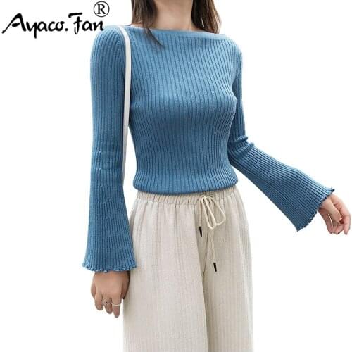 Women Sweaters 2019 Autumn Winter New Bodycon Slash neck Flare Sleeve Knitted Pullovers Casual Solid Female Lady Slim Knitwear