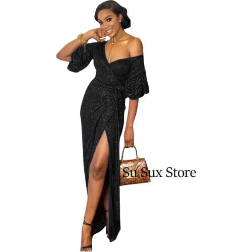 Party Long Dress Women V-Neck Lantern Sleeve Long Dress Boho Beach Sequins African Cloting Robe Elegant Solid Belt Maxi Dress
