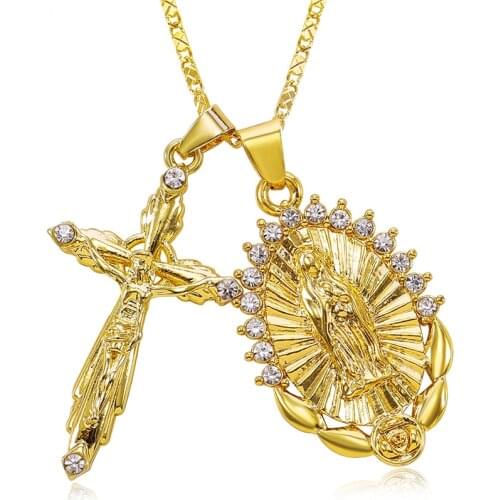 Gold Color Virgin Mary Crystal Rhinestone Necklace Prayer Cross Necklace INRI Crucifix Jesus Piece Pendant Women Jewelry Colar