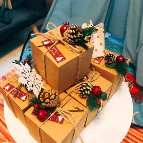 10pcs Christmas Gift Box Kraft Candy Bags With Ropes Xmas Merry Christmas Guests Packaging Boxes Party Decor Birthday Present