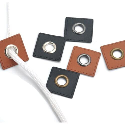 30pcs/lot 27mm square black/brown PU leather sew on Badges patch labels + inner 8mm metal brass eyelets grommets free ship