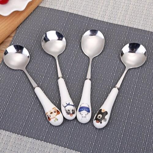 6'' Cute Round Teaspoon Baby Child Dinner Spoon Stainless Steel Dessert Stirring Fruit Coffee Scoop With Ceramic Cat Handle 4pcs