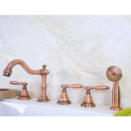 Antique Red Copper Brass Widespread Three Handles Deck Mounted 5 Holes Bathroom Tub Faucet Mixer Tap With Handshower mtf230