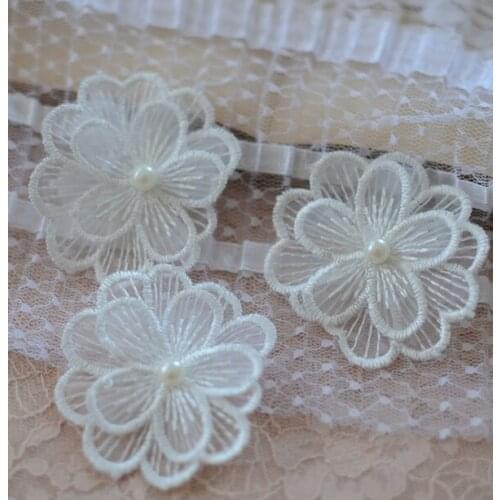 Free Shipping 10 PCS 5.1cm Width Handmade DIY Venise Off White 2 Layers Flower Lace Trim Applique Patches with Pearl