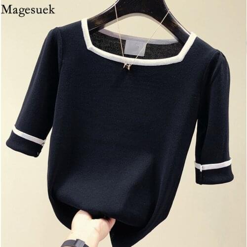 Fashion Square Collar Knitted Blouse New Summer Womens Shirt Spring Thin Short Sleeve Tops Pullover Casual Blusas Femme 13405