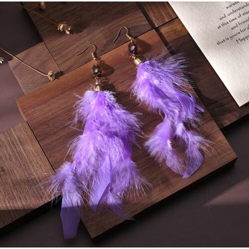Bohemian Purple Feather Crystal Beaded Long Earrings Women Hangers 2020 Fashion Exaggerated Ladies Earrings Boho Indian Jewelry
