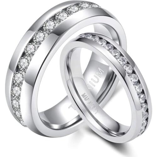 EAMTI 1pc 4/6mm Titanium Ring for Women Man Luxury Cubic Zirconia Engagement Ring Silver Color Crystal Wedding Band Couples