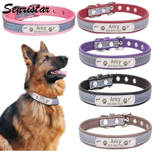 Leather Dog Collar Personalized Reflective Pet Collar Engraved ID Tag Nameplate For Small Medium Large Dogs Puppy Cat Pitbull