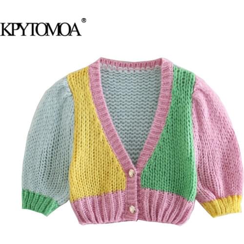 KPYTOMOA Women 2021 Sweet Fashion Patchwork Cropped Cable-knit Cardigan Sweater Vintage Puff Sleeve Female Outerwear Chic Tops