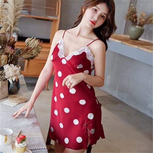 Sleep dress Lace Sling Nightdress Cushion Gathering Polka Dot Ice Silk Home Wear soft women sexy fashion Evening Skirt 2020