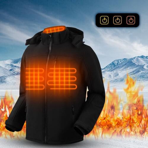 Men Heated Jackets Full Zipper Black Hooded Coats with Pocket Winter Outdoor Warm USB Heating Jackets Waterproof Outerwear