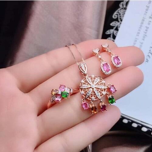 Real Natural Tourmaline jewelry set Natural Real Tourmaline 925 sterling silver 1pc pendant,1pc ring,2pcs Earring