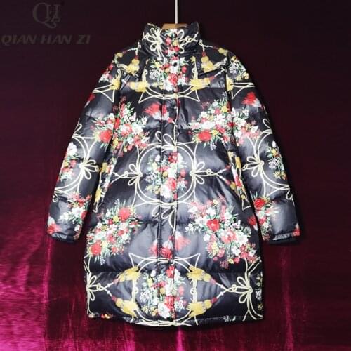 Qian Han Zi 2019 New Fashion Designer coats Womens long-sleeved flower print 90% white duck down winter warm long down jacket