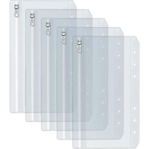 A5 A6 Clear Binder Cash Envelopes with Metal Zipper 6-Hole Punched Binder Pocket for 6-Ring Notebook Binder Pouch Organizer