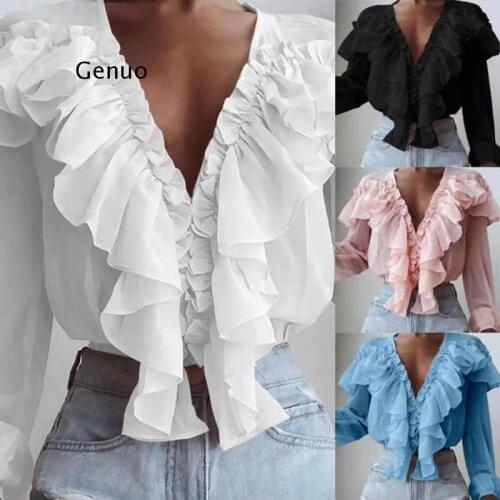 Plus Size 5XL Women Fashion Ruffles Blouse 2021 Autumn Long Sleeve Shirt Sexy Deep V-Neck Top Elegant Office Party Blusas