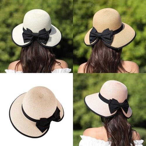 Womens hat simple foldable bow sun hat summer imitation ultraviolet beach hat outdoor travel knitted hat