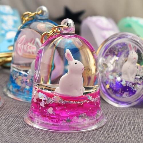 Cute Quicksand Liquid White Rabbit Keychain Oil Floating Bell Pearl Leather Cord Keyring Women Girl Car Bag Charm Keyfob