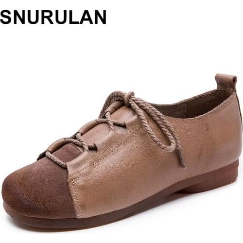 SNURULAN 2020 New Vintage Handmade Shoes Genuine Leather Loafers Flats Women Casual Lace Up Shoes Fashion Women Flats