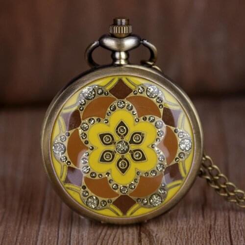High Quality Vintage Yellow Epoxy Jade Flower Pocket Watch Women Ladies Girls FOB Chain Watch Best Gift CF1162