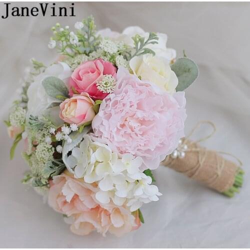 JaneVini 2018 Pearl Wedding Bouquets Bridal Artificial Flower Bouquets For Brides Silk Peony Wedding Hand Bouquet Flores Boda