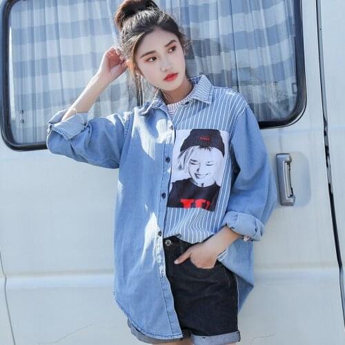 2018 Womens Shirt Top denim Shirts and Blouses Long Sleeve Cotton Ladies Striped Shirt Casual Camisa Blusa Camisetas Femininas