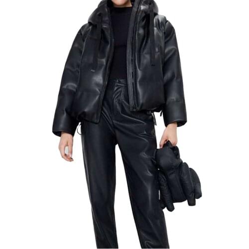 Autumn winter PU Leather Parkas Women Fashion Hooded Faux Leather Coats Women Elegant Zipper Cotton Parker Jackets overcoat
