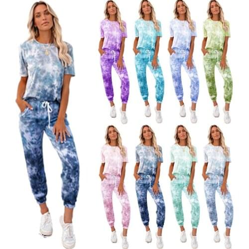 2021 spring and summer womens printed tie-dye pajamas gradient color home service two-piece suit