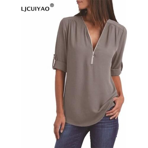 LJCUIYAO Plus Size Women Shirts Autumn Casual V-neck Zipper Chiffon Blouse Womens Tops And Blouses Long Sleeve Ladies Blouse