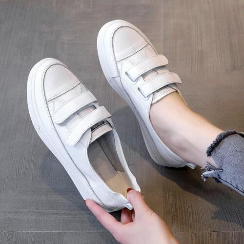 Leather Buckle Hook&Loop Small White Shoes Womens 2021 Autumn New 41-43 Flat-Bottomed Leisure