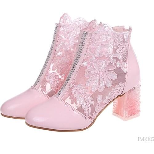 New Woman Mesh Black Ankle Boots For Women 2020 Summer Square Heels Boots Sandal Ladies Round Toe Lace Botas De Mujer Chaussure