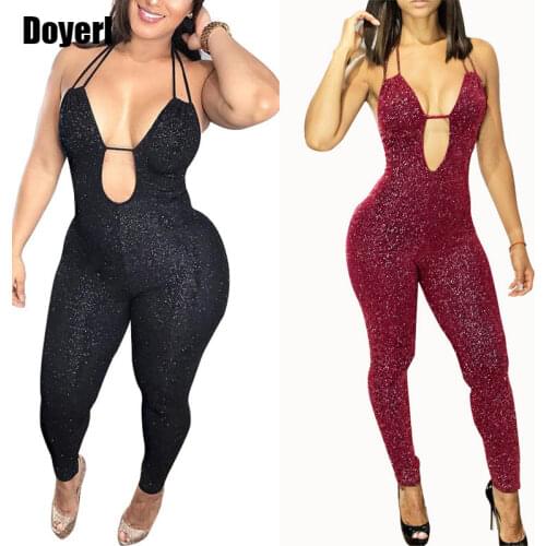 Halter Open Back Sexy Black Glitter Jumpsuit Women Rompers Autumn Sleeveless Party Club Wear Backless Bodycon Jumpsuit Catsuit