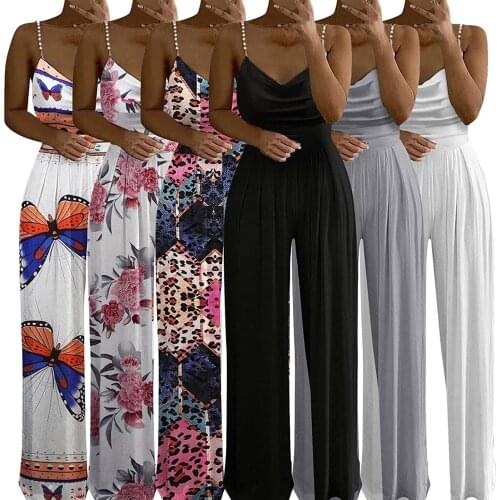 Vintage Printed Party Overalls Women Loose Solid Colour Jumpsuit Long Summer Sleeveless Camisole Rompers