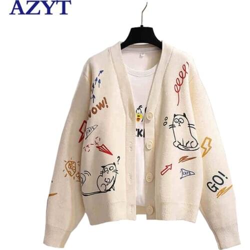 AZYT 2021 Autumn Winter New Knitted Cardigan Female Cartoon Print V Neck Women Sweater Jacket Long Sleeve Pull Femme Knitwear