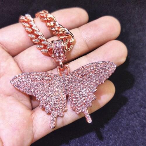 Freewear 2020 Iced out sparking cz with 8mm cuban link chain cz Butterfly pendant necklace hiphop cool rock women jewelry