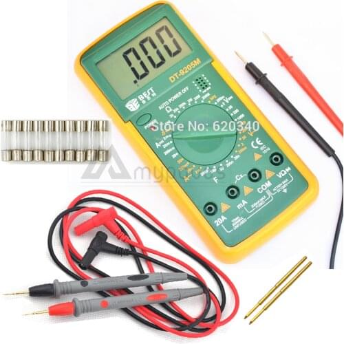 BEST DT9205M LCD Digital Multimeter Voltmeter Ohmmeter Ammeter Capacitance Tester + Glass Fuses + Probe Wire Pen Cable + Probe