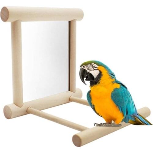 Wooden Parrot Cage Perch With Mirror Bird Cockatiel House Cage Wood Frame Decor Parrot Standing Training Frame Pet Birds Toys