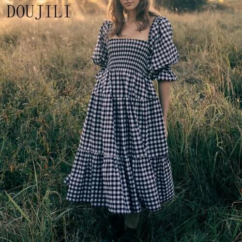 DOUJILI Elegant Women Dress Plaid Print Back Bow Puff Sleeve Square Collar Fashion Ladies Dress