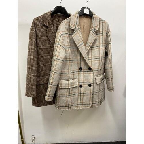 Double-faced wool coat, Dongdaemun, Korea, plaid loose small suit jacket, autumn and winter mid-length coat women