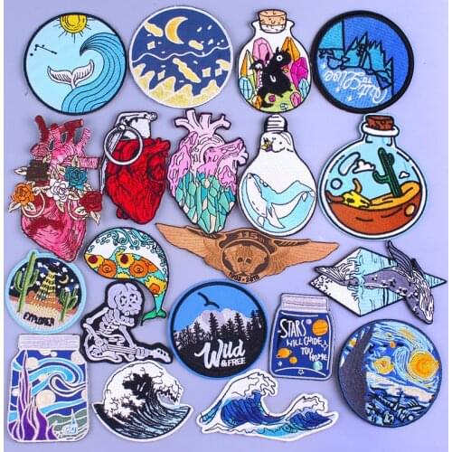 Mountain Adventure Wave Patch Punk Rock Skull Heart Patches On Clothes Stripes Van Gogh Patches For Clothes DIY Embroidery Patch