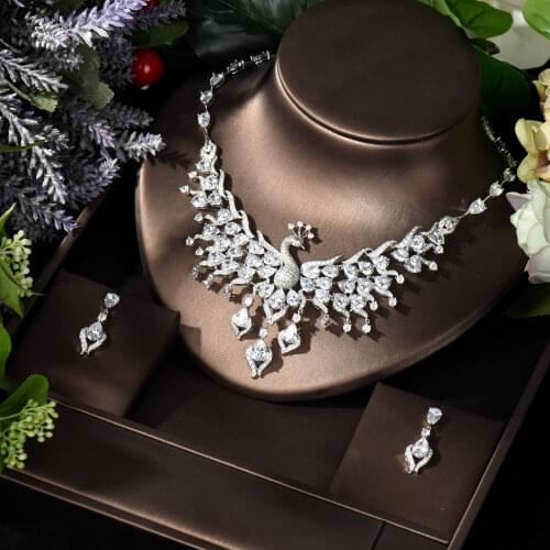 HIBRIDE Fashion Peacock Shape AAA Cubic Zircon Four Colors Crystal Earrings Necklace Set for Women Bride Jewelry Gift N-1061