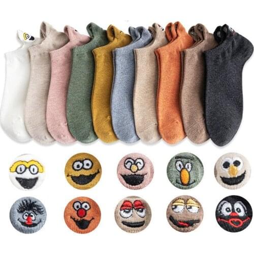 Embroidered Expression Cotton Women Socks Kawaii Korean Happy Fashion Ankle Tidal Funny Socks Cute Women Summer Candy Color