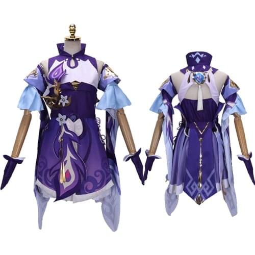 Game Genshin Impact Keqing Cosplay Costume Anime Lolita Purple Dress Full Set Halloween Party Outfit For Women Drop Ship