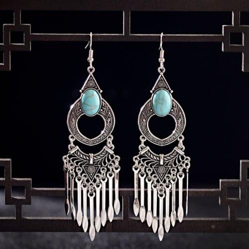 India Geometric Silver Color Long Tassel Hanging Dangle Drop Earrings Women Tibetan Jewelry Bohemia Stone Beads Jhumka Earrings