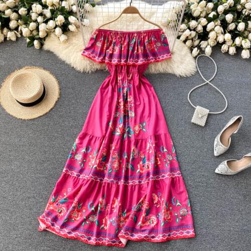 2021 Summer Holiday Womens Dress Seaside Beach Style One-neck Print Ruffle Dress New Waist Big Swing Female Dresses FC004