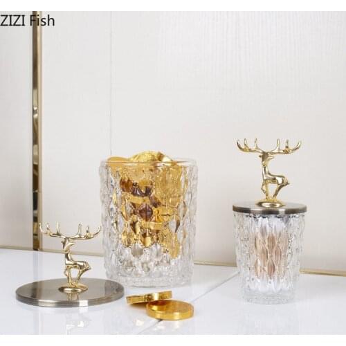 Metal Elk Glass Storage Jars Golden Deer Decorative Candy Pot Tea Canister Crystal Storage Jar with Cover Spice Organizer