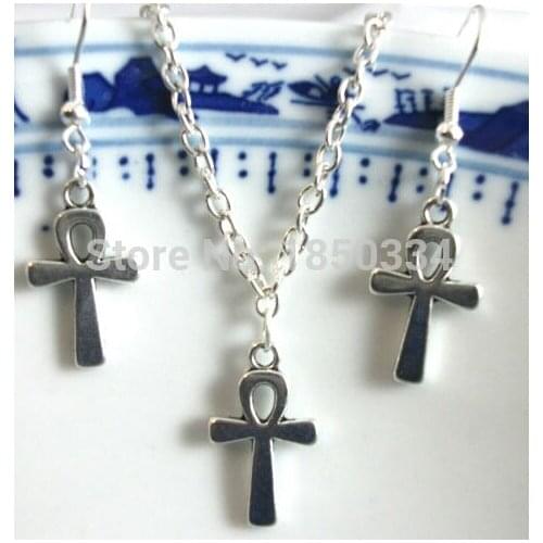 Hot Fashion Jewelry Sets Ankh Cross Pendant Necklace + Earrings Charms Set For Women Gift 10PCS Wholesale Q1